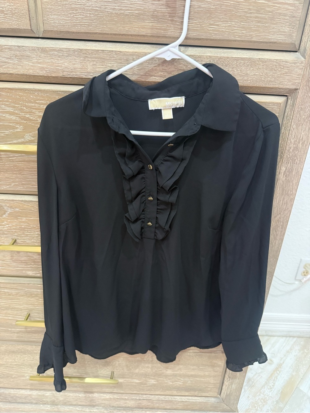 MICHAEL Michael Kors Black Ruffle-Front Long Sleeve Blouse with Tie Cuffs